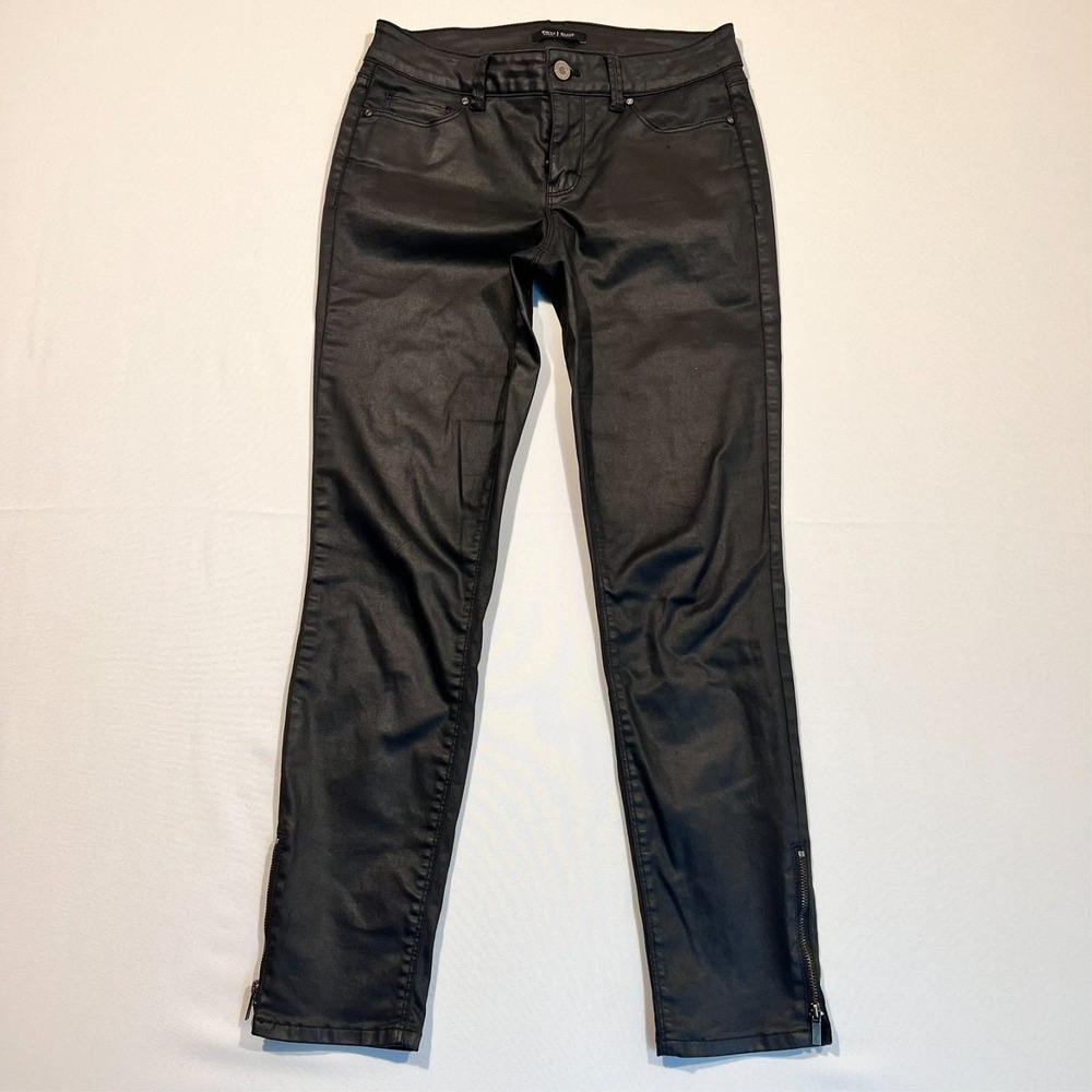 White House Black Market Skimmer Jeans Coated Black Ankle Zip Women's Size 0‎